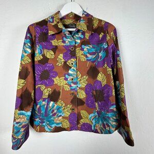 Additions By Chico's Womens Floral Button-Up Shirt Jacket Size 1 Purple Stretch